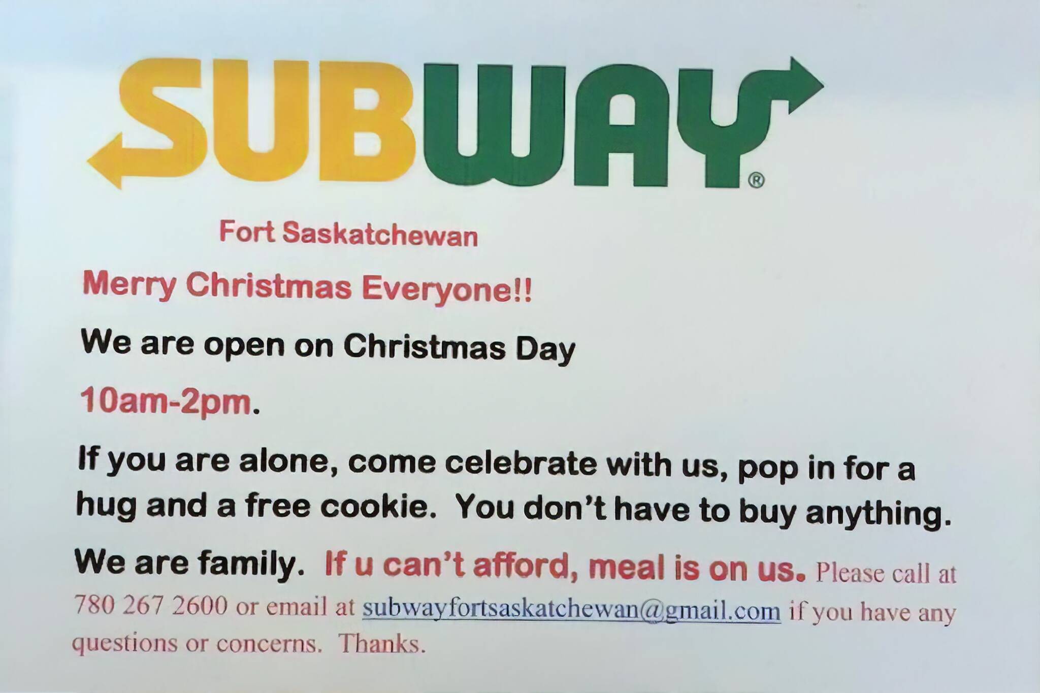 subway free christmas